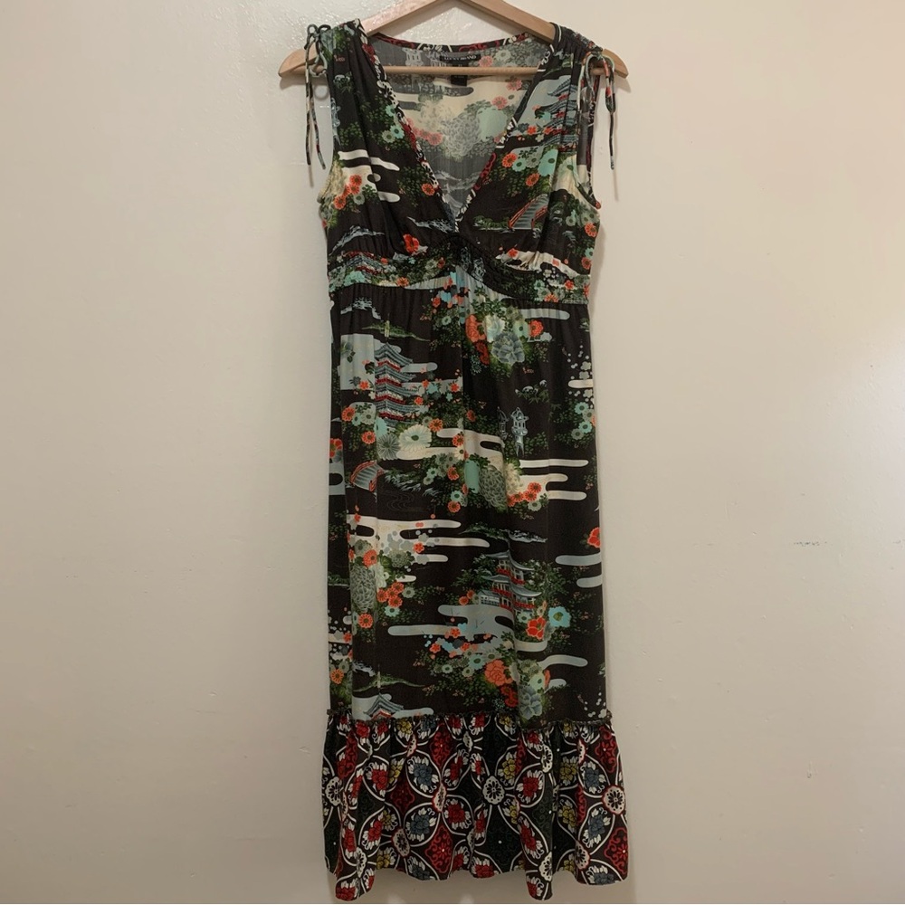 Lucky Brand Vintage Asian Garden Print Multicolor Floral Midi Dress size xs